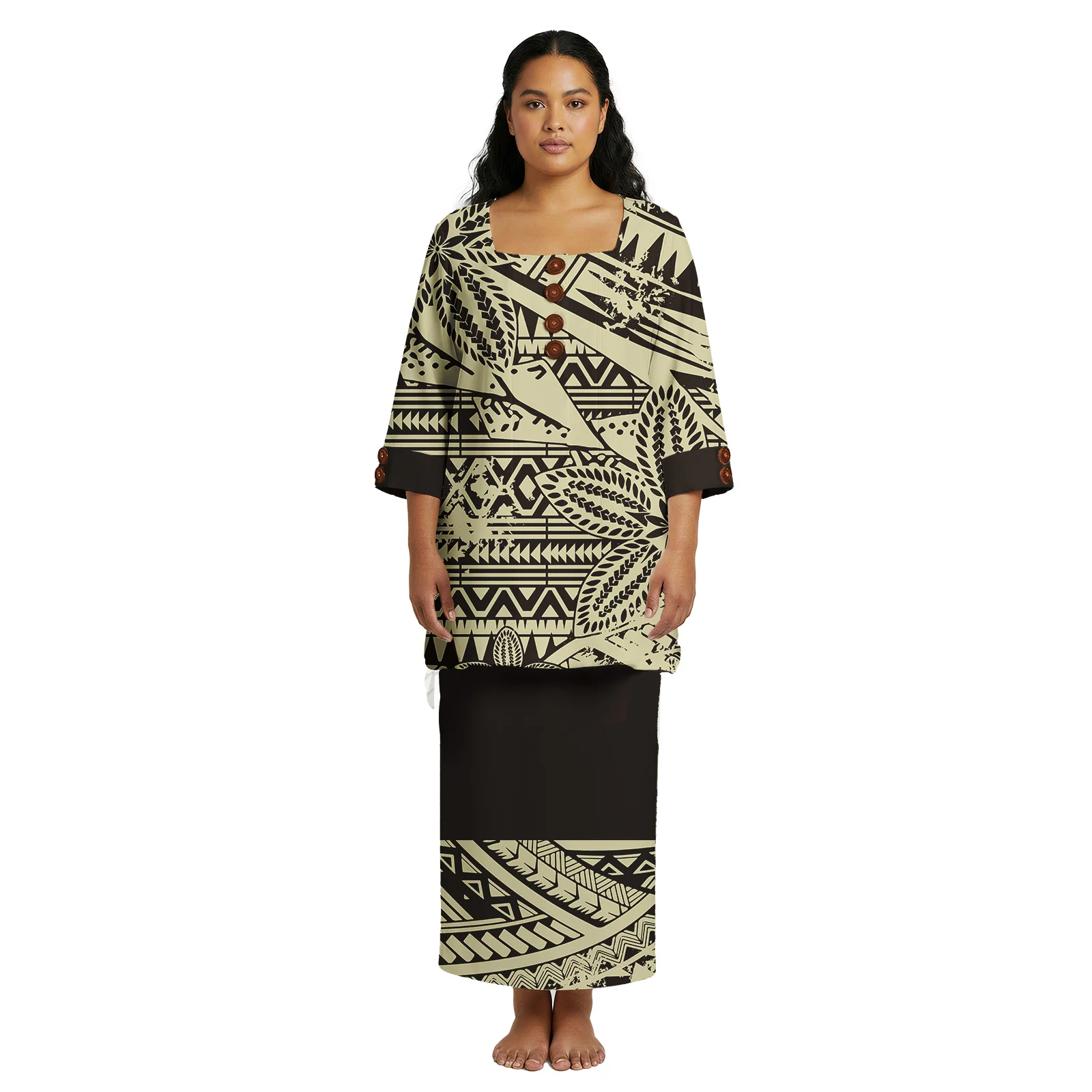 Plus Size Fashion Premium Pacific Island Tapa Tribal Samoa Puletasi Women's Top and Maxi Skirt 2Pcs Aloha Dress Set
Plus Size Fashion Premium Pacific Island Tapa Tribal Samoa Puletasi Women's Top and Maxi Skirt 2Pcs Aloha Dress Set