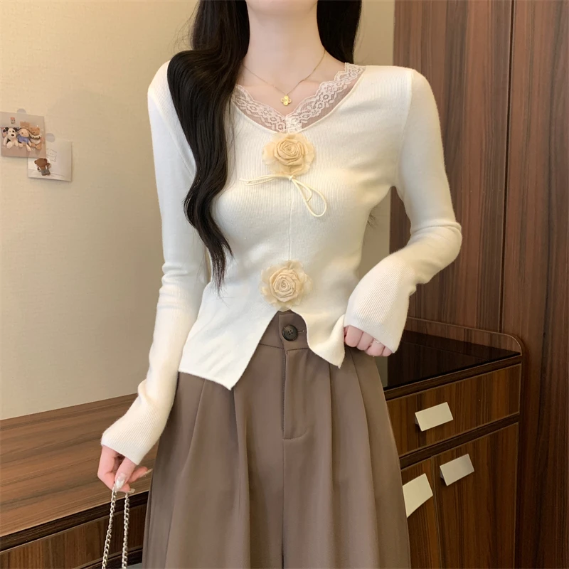 Lace V Neck Women Knitted Slim T Shirt New Spring Fall Fashion 3d Flower Black White Red Sweater Top Long Sleeve Bottoming Shirt
Lace V Neck Women Knitted Slim T Shirt New Spring Fall Fashion 3d Flower Black White Red Sweater Top Long Sleeve Bottoming Shirt