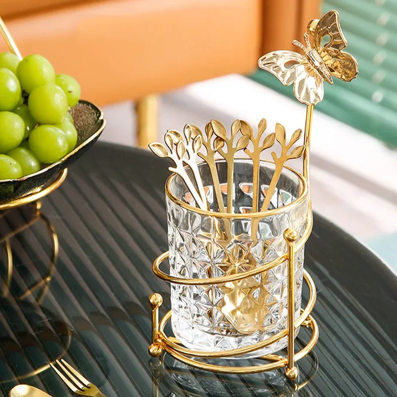 Fruit Fork Set Light Luxury and Simple Glass Cup Iron Frame Stainless steel fruit fork household fruit fork set food picks 
Fruit Fork Set Light Luxury and Simple Glass Cup Iron Frame Stainless steel fruit fork household fruit fork set food picks