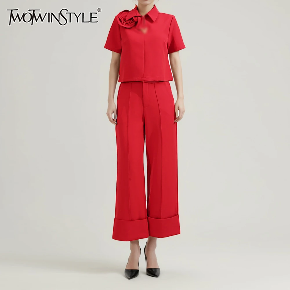 TWOTWINSTYLE Solid Elegant Two Piece Sets for Women Lapel Short Sleeve Spliced 3D Flower Top High Waist Wide Leg Pant Set Female
TWOTWINSTYLE Solid Elegant Two Piece Sets for Women Lapel Short Sleeve Spliced 3D Flower Top High Waist Wide Leg Pant Set Female