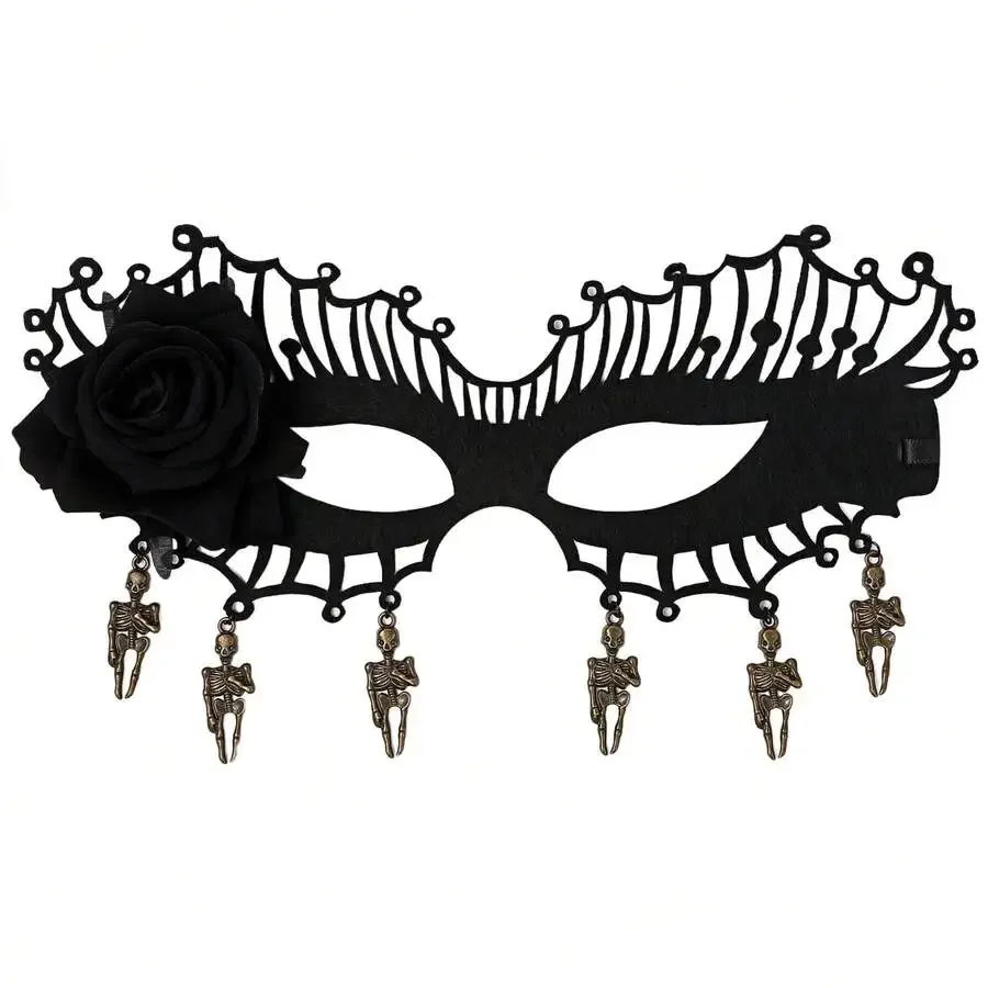 Gothic Half Face Mask With Black Rose And Skeleton Charms For Halloween Party
Gothic Half Face Mask With Black Rose And Skeleton Charms For Halloween Party