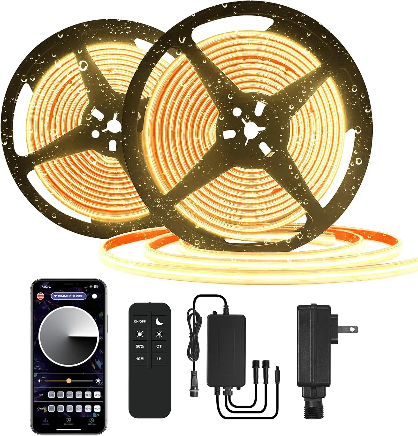 100ft COB LED Strip IP67 3000K Warm White 24V Dimmable with Remote & App for Outdoor Garden Patio
100ft COB LED Strip IP67 3000K Warm White 24V Dimmable with Remote & App for Outdoor Garden Patio