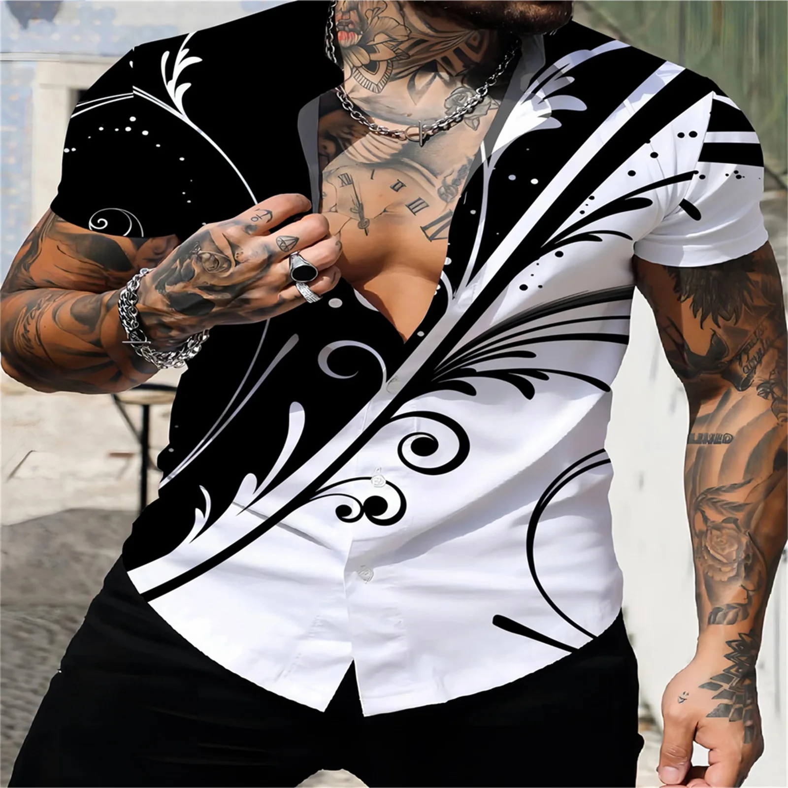 Мужская рубашка с короткими рукавами и цифровым принтом с лацканами, Гавайский однорядный свободный удобный повседневный праздничный топ с несколькими пуговицами
Мужская рубашка с короткими рукавами и цифровым принтом с лацканами, Гавайский однорядный свободный удобный повседневный праздничный топ с несколькими пуговицами