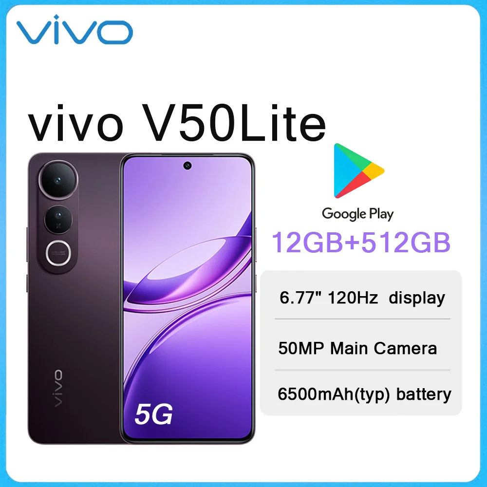 VIVO V50 Lite 5G 6.77" 120Hz Screen Large Storage Smartphone 12GB+512GB 50MP Camera 6500mAh Big Battery Type-C Dual SIM Phone
VIVO V50 Lite 5G 6.77" 120Hz Screen Large Storage Smartphone 12GB+512GB 50MP Camera 6500mAh Big Battery Type-C Dual SIM Phone