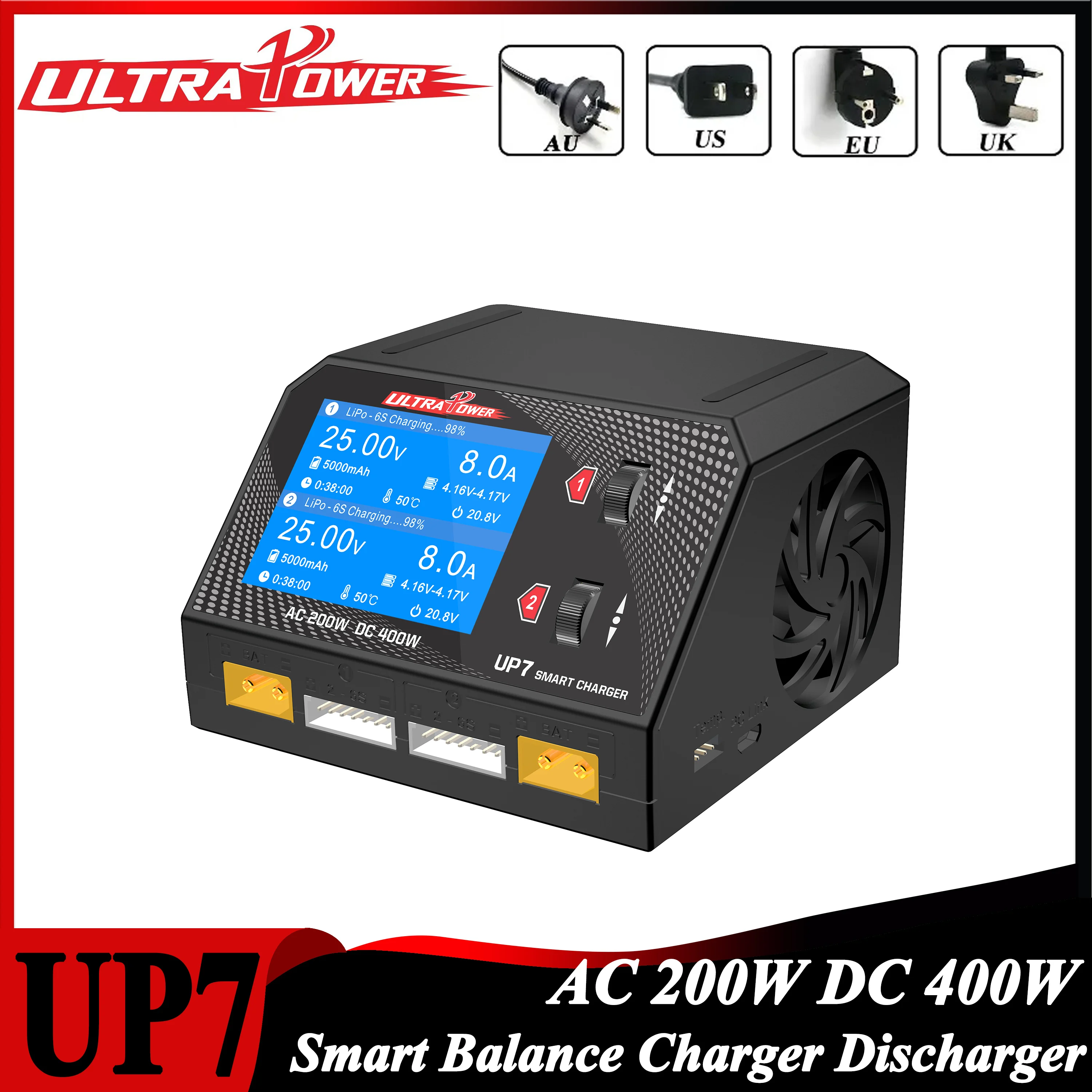 UltraPower UP7 AC 200W DC 400W Dual Channel 10A Battery Smart Balance Charger Discharger LCD for 1~6S Lipo LiHV Lilon LiFe Model
UltraPower UP7 AC 200W DC 400W Dual Channel 10A Battery Smart Balance Charger Discharger LCD for 1~6S Lipo LiHV Lilon LiFe Model