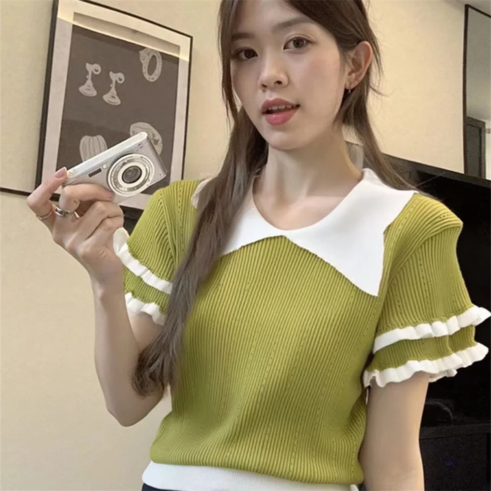 Korean Style Sweet Knitted Sweater Women Pullover Fashion Short Sleeve Knitwear Slim Casual Peter Pan Collar Sweater Top T-shirt
Korean Style Sweet Knitted Sweater Women Pullover Fashion Short Sleeve Knitwear Slim Casual Peter Pan Collar Sweater Top T-shirt