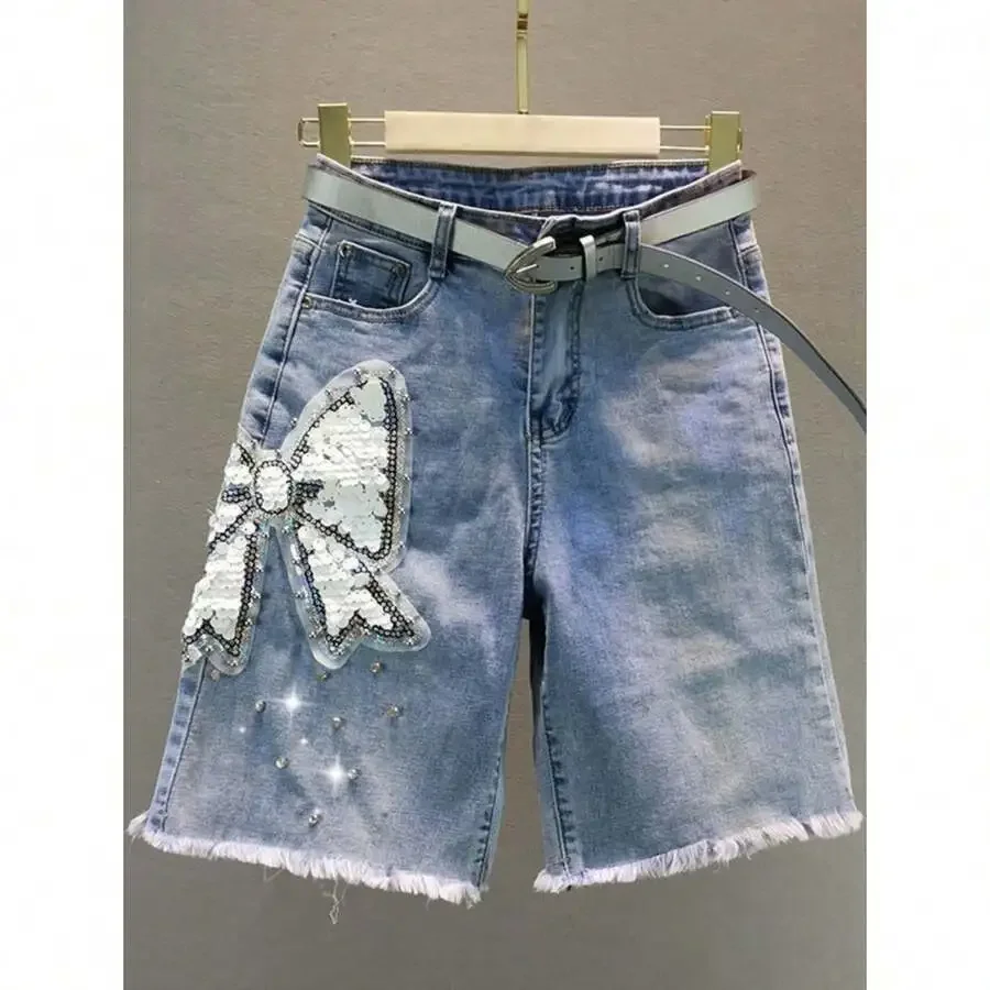 Womens Sequined Bow Denim Shorts With Belt Frayed Hem Light Blue Summer
Womens Sequined Bow Denim Shorts With Belt Frayed Hem Light Blue Summer
