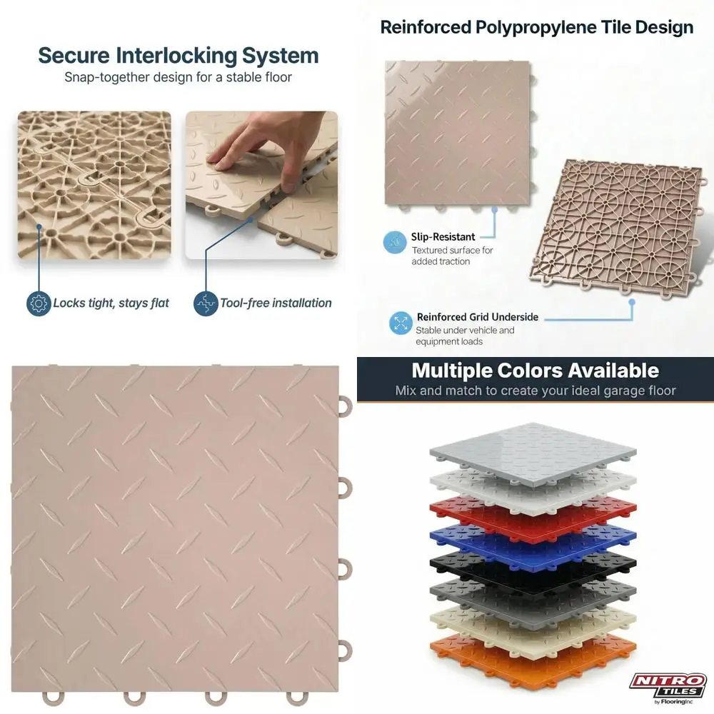 12 x 12 Heavy-Duty Interlocking Garage Floor Tiles, Diamond Pattern Polypropylene Flooring, Non-Slip, Sahara Sand, 12 Tiles, 12
12 x 12 Heavy-Duty Interlocking Garage Floor Tiles, Diamond Pattern Polypropylene Flooring, Non-Slip, Sahara Sand, 12 Tiles, 12