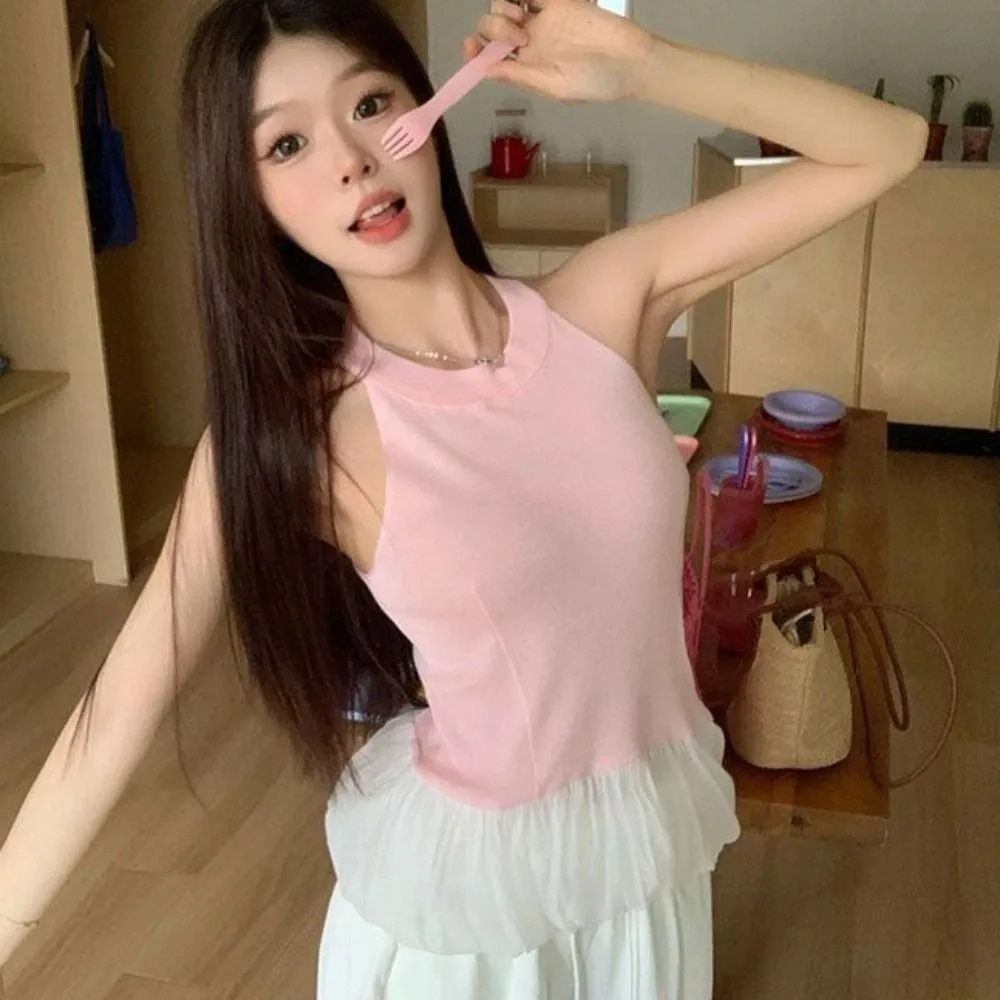 Cute Slim Fit Sleeveless Crop Top Spicy Girl Style Vest Mesh Ruffle Camisole Irregular Halter Camisole Women Summer
Cute Slim Fit Sleeveless Crop Top Spicy Girl Style Vest Mesh Ruffle Camisole Irregular Halter Camisole Women Summer