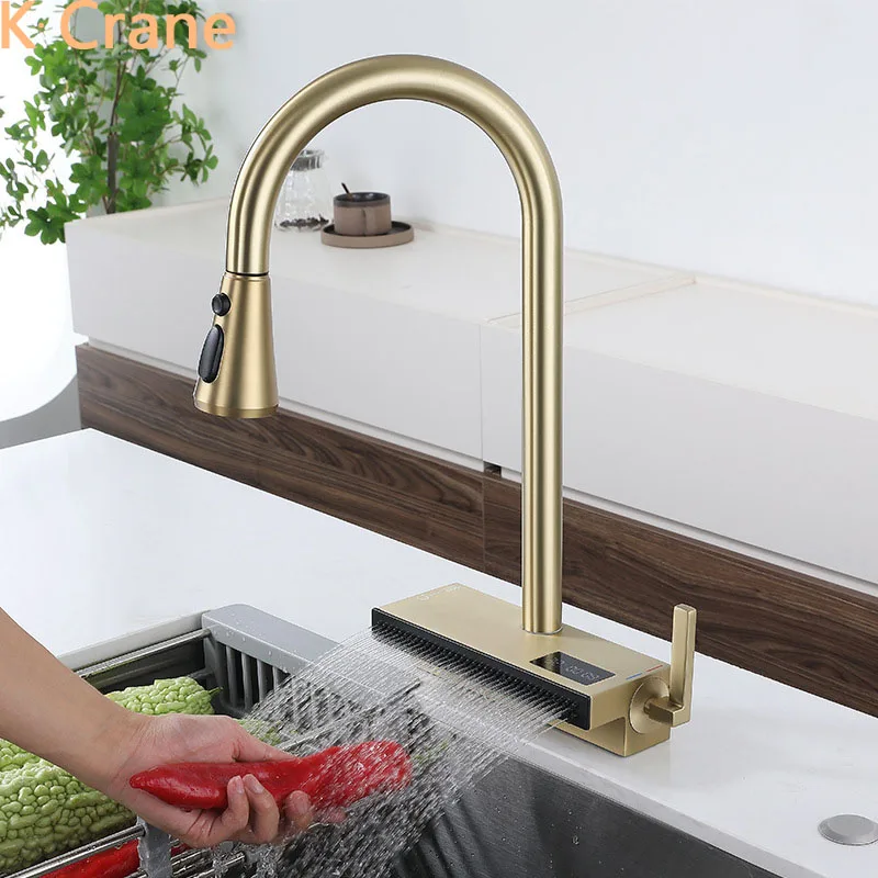 LED Digital Faucet Kitchen Pull Out Down Hot Cold Mixer Tap Deck Mount Flying Rain Waterfall Universal Brass Rotation Faucets
LED Digital Faucet Kitchen Pull Out Down Hot Cold Mixer Tap Deck Mount Flying Rain Waterfall Universal Brass Rotation Faucets
