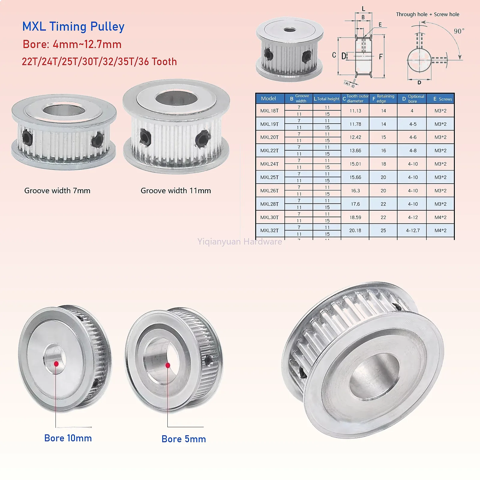 Yiqianyuan MXL Timing Pulley Bore 4-12.7mm 22-36 Tooth Synchronous Wheels 3D Printer Parts for Belt Width 6/10mm
Yiqianyuan MXL Timing Pulley Bore 4-12.7mm 22-36 Tooth Synchronous Wheels 3D Printer Parts for Belt Width 6/10mm