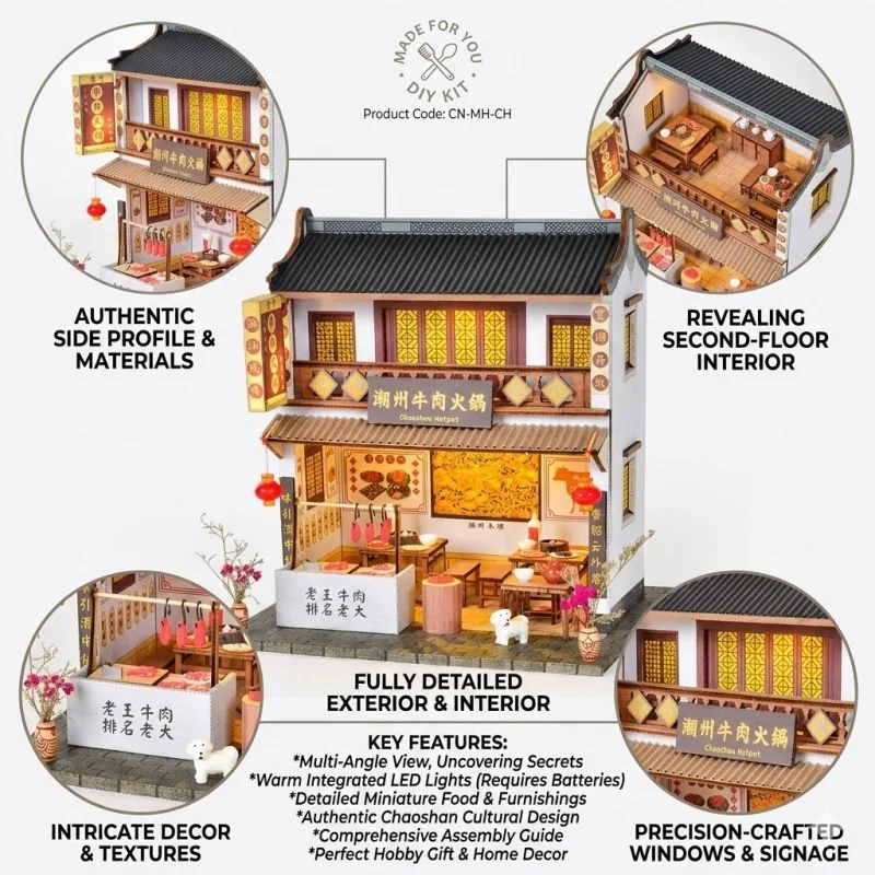 OUZEY Retro Chinese Architecture DIY Wooden House Kit Chaoshan Beef Hot Pot Food Stall Model Teens Desktop Ornament Craft Gift
OUZEY Retro Chinese Architecture DIY Wooden House Kit Chaoshan Beef Hot Pot Food Stall Model Teens Desktop Ornament Craft Gift