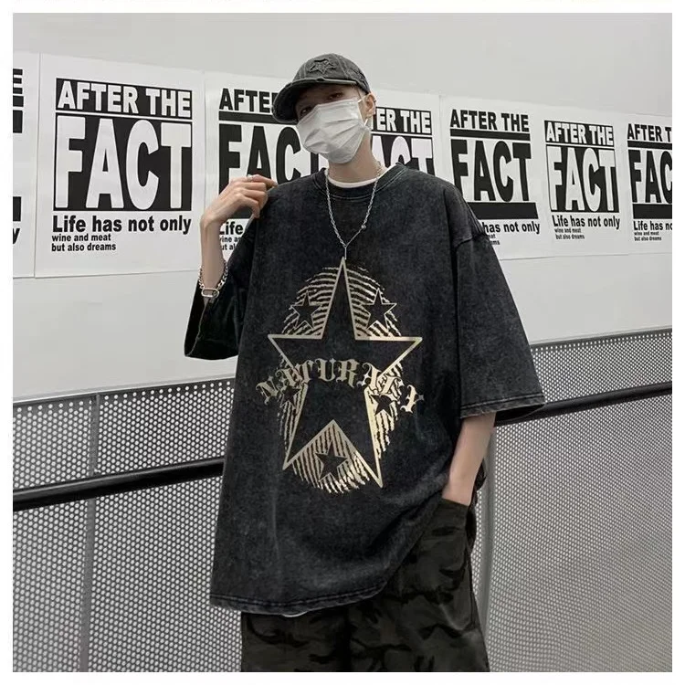 American retro five-pointed star fashion short-sleeved T-shirt men trendy washed and distressed summer Korean style simple top
American retro five-pointed star fashion short-sleeved T-shirt men trendy washed and distressed summer Korean style simple top