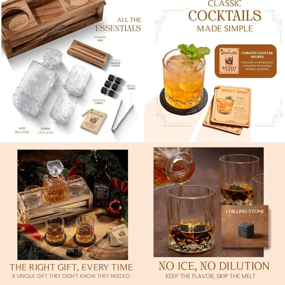 Crystal Whiskey Decanter Set with 10oz Glasses, Wooden Base, and 6 Granite Stones - Premium Barware Gift
Crystal Whiskey Decanter Set with 10oz Glasses, Wooden Base, and 6 Granite Stones - Premium Barware Gift