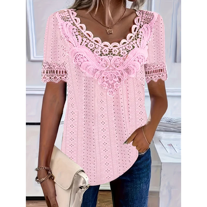 Women's Plus Size Fashionable Elegant Textured Fabric Solid Color Lace Patch Short Sleeve-Shirt Top, Extended Version
Women's Plus Size Fashionable Elegant Textured Fabric Solid Color Lace Patch Short Sleeve-Shirt Top, Extended Version