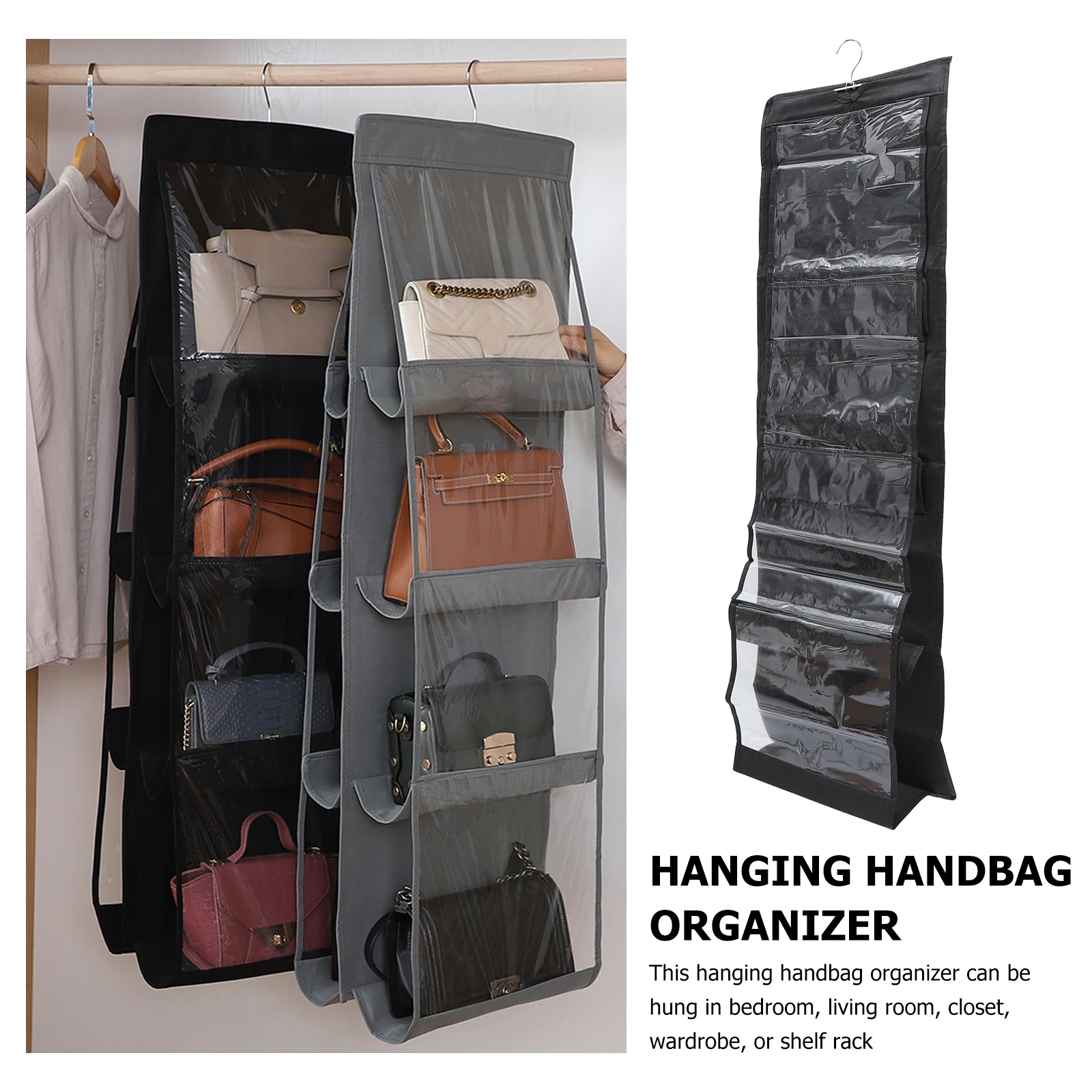 1Pcs Hanging Handbag Organizer Made of Quality Non-Woven Fabric PVC Clear Slot Design Fits Most Closet Rods 8 Compartments Purse
1Pcs Hanging Handbag Organizer Made of Quality Non-Woven Fabric PVC Clear Slot Design Fits Most Closet Rods 8 Compartments Purse
