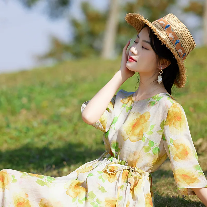 Ramie dress round neck floral thin a-word skirt large size waist strap women's clothing fashion casual versatile simple temperam
Ramie dress round neck floral thin a-word skirt large size waist strap women's clothing fashion casual versatile simple temperam