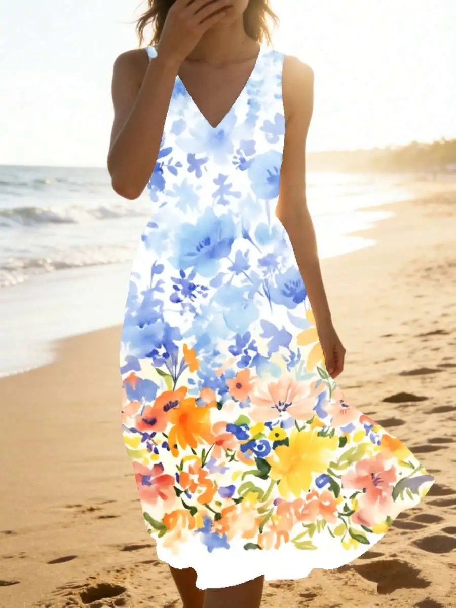 Floral Print Sleeveless V Neck Dress Light Blue White Orange Yellow Pink Beach Summer Outfit
Floral Print Sleeveless V Neck Dress Light Blue White Orange Yellow Pink Beach Summer Outfit