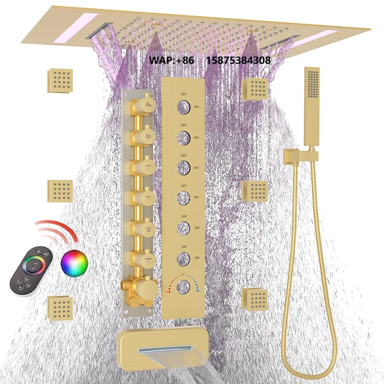Water-saving Luxury Gold Shower System with Body Jets Rainfall Shower Faucet Set Ceiling LED Rain Showerhead
Water-saving Luxury Gold Shower System with Body Jets Rainfall Shower Faucet Set Ceiling LED Rain Showerhead