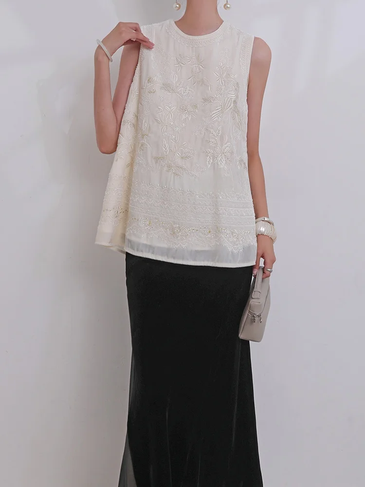 VB Retro Silk Velvet Embroidered Pearl Sleeveless round Neck Vest Top Women's Simple Style Commute Silk Blend Fashion
VB Retro Silk Velvet Embroidered Pearl Sleeveless round Neck Vest Top Women's Simple Style Commute Silk Blend Fashion