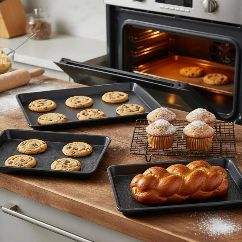 Baking Pans Set, 3-Piece, Nonstick Carbon Steel Cookware Sheets & Trays, Stackable Kitchen Oven Bakeware Cooking Sets with Silicone Handles, Easy to Clean, for Baking Cookie Cake Muffin Bread
Baking Pans Set, 3-Piece, Nonstick Carbon Steel Cookware Sheets & Trays, Stackable Kitchen Oven Bakeware Cooking Sets with Silicone Handles, Easy to Clean, for Baking Cookie Cake Muffin Bread