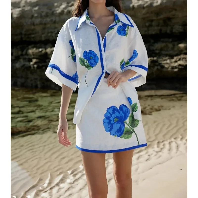 Blue Flowers Print Half Sleeve Loose Shirt Blouse Tops and High Waist Mini Skirt Sets 2025 Linen High Quality for Holiday
Blue Flowers Print Half Sleeve Loose Shirt Blouse Tops and High Waist Mini Skirt Sets 2025 Linen High Quality for Holiday