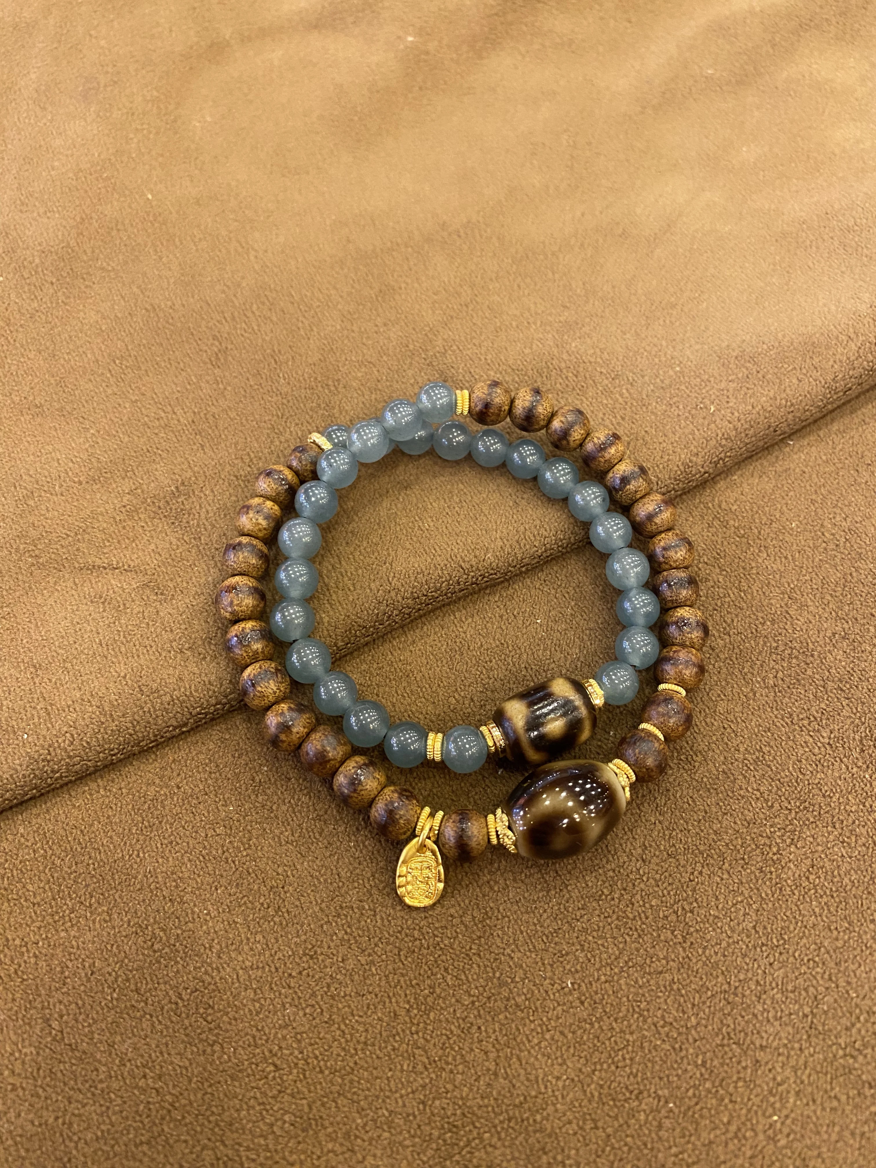 Wood & Jade Double-Loop Stackable Dzi Bead Bracelet
Wood & Jade Double-Loop Stackable Dzi Bead Bracelet