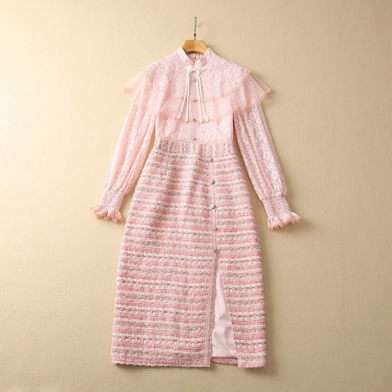European and American women's clothes 2023 spring new pink Long sleeve flared sleeve lace stitching tweed Fashion Dress XXL
European and American women's clothes 2023 spring new pink Long sleeve flared sleeve lace stitching tweed Fashion Dress XXL