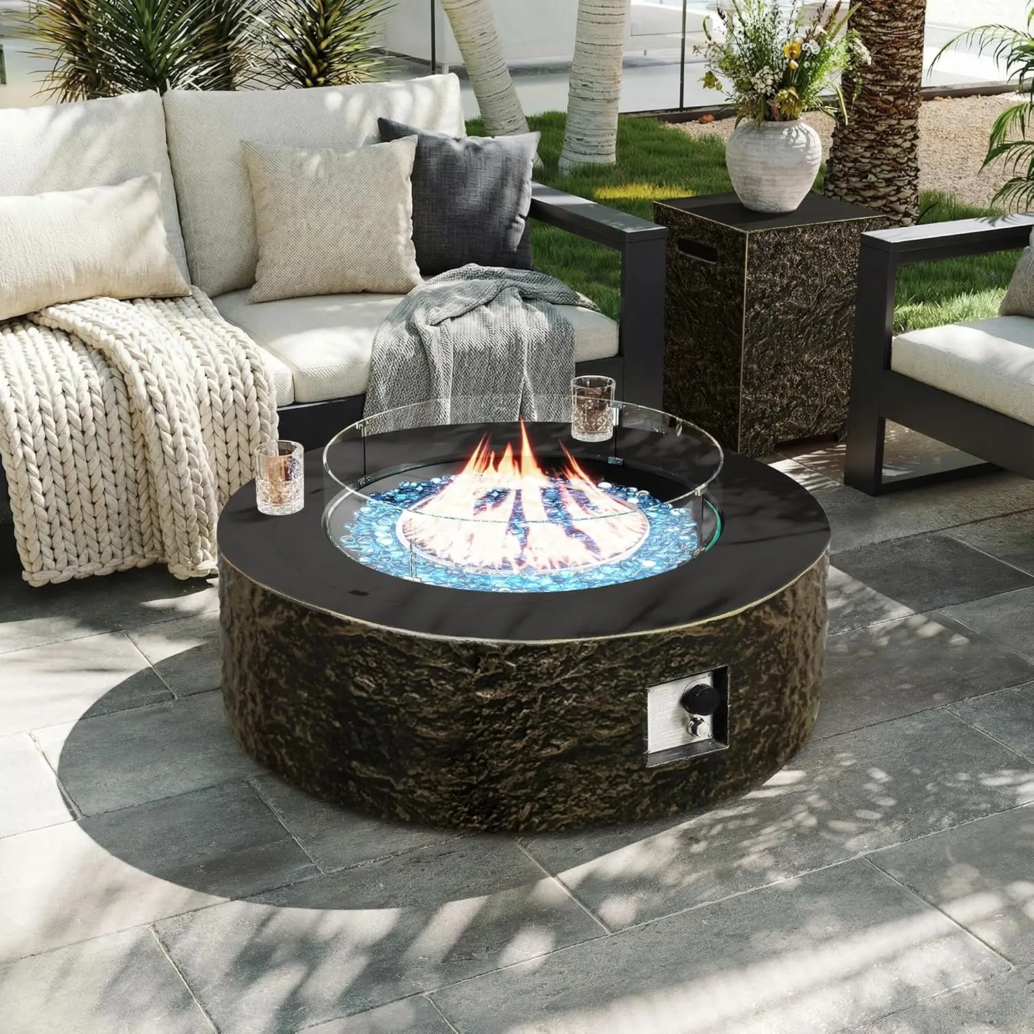 42in 50000BTU Round Propane Gas Fire Pit Table Concrete Patio w Tank Cover Wind Guard Blue Glass Rain Cover Customized
42in 50000BTU Round Propane Gas Fire Pit Table Concrete Patio w Tank Cover Wind Guard Blue Glass Rain Cover Customized