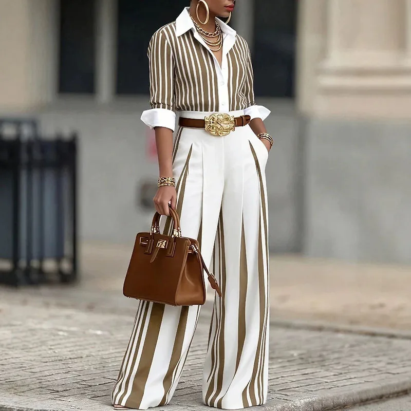 Lapel Collar Button Top and Wide Leg Pants Outfit Summer High Street Loose Women's Two Piece Casual Stripe Printed Commuter Suit
Lapel Collar Button Top and Wide Leg Pants Outfit Summer High Street Loose Women's Two Piece Casual Stripe Printed Commuter Suit