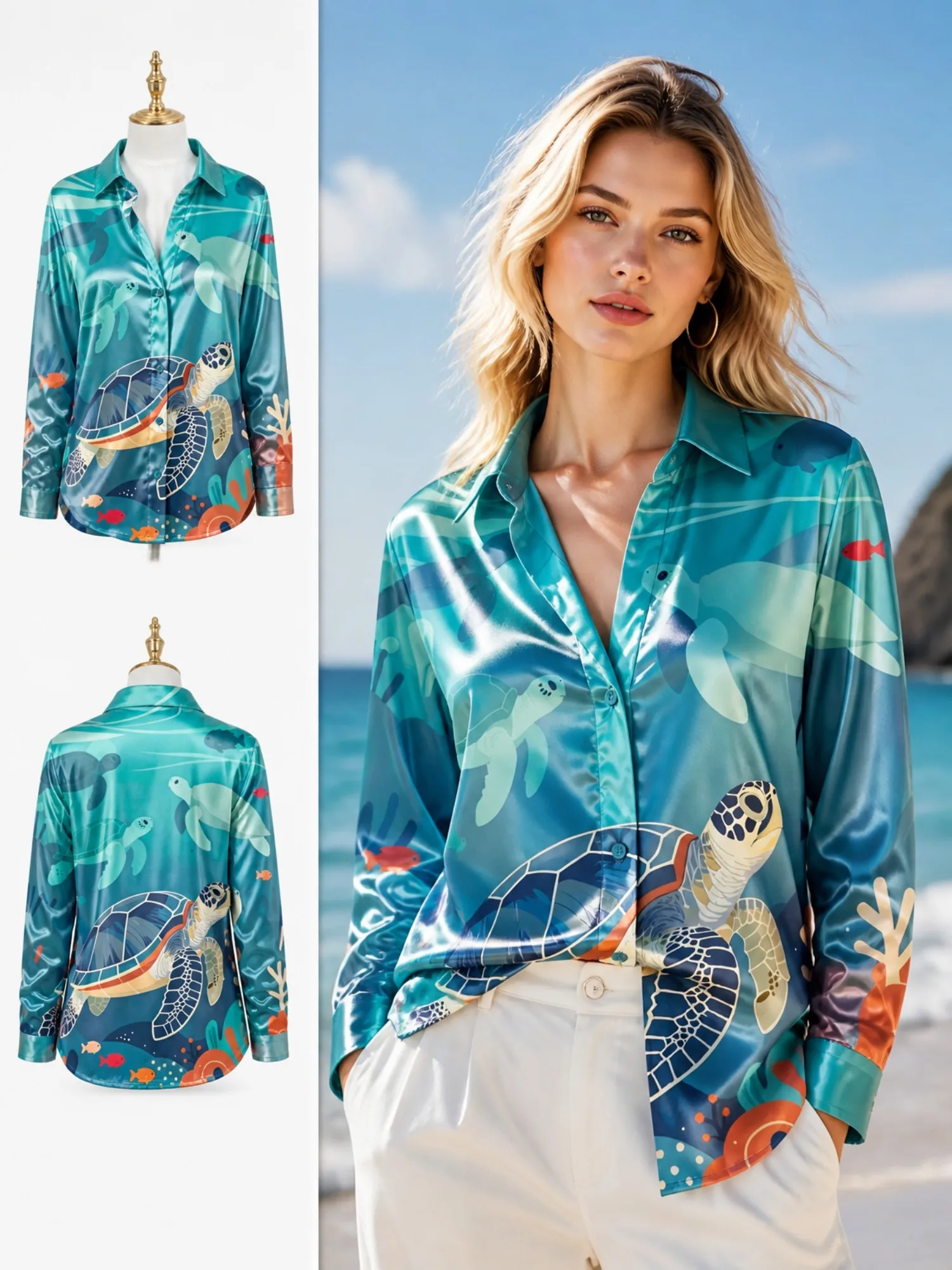 Teal Sea Turtle Satin Blouse for Women Long Sleeve Button Down Shirt Ocean Fish Beach Vacation Resort Silky Top
Teal Sea Turtle Satin Blouse for Women Long Sleeve Button Down Shirt Ocean Fish Beach Vacation Resort Silky Top