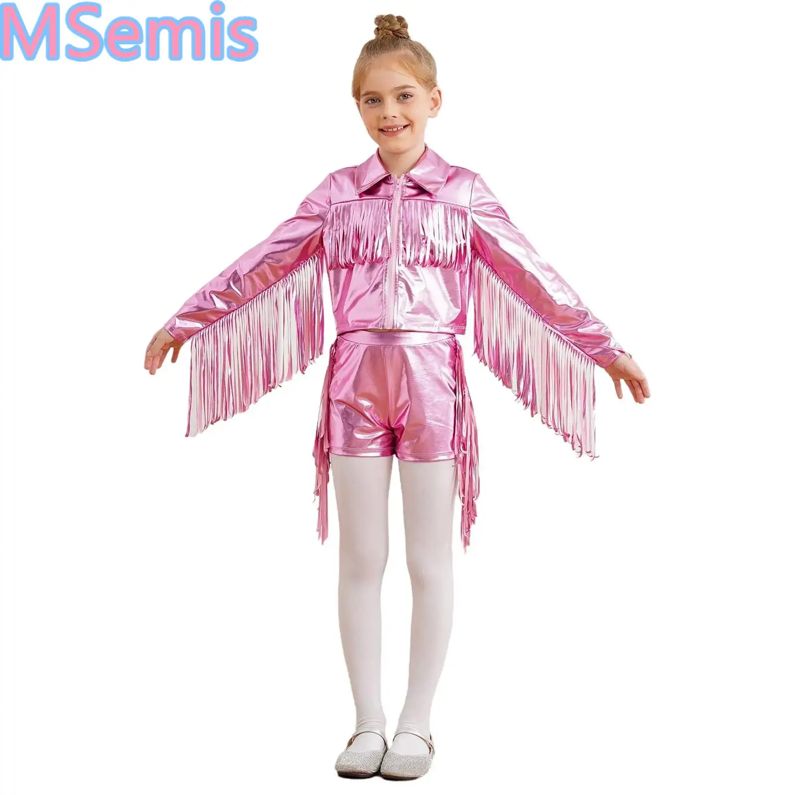 Kids Girls Metallic Tassels Dance Outfits Turn-Down Collar Zipper Fringe Shiny Jacket with Shorts for Birthday Party
Kids Girls Metallic Tassels Dance Outfits Turn-Down Collar Zipper Fringe Shiny Jacket with Shorts for Birthday Party
