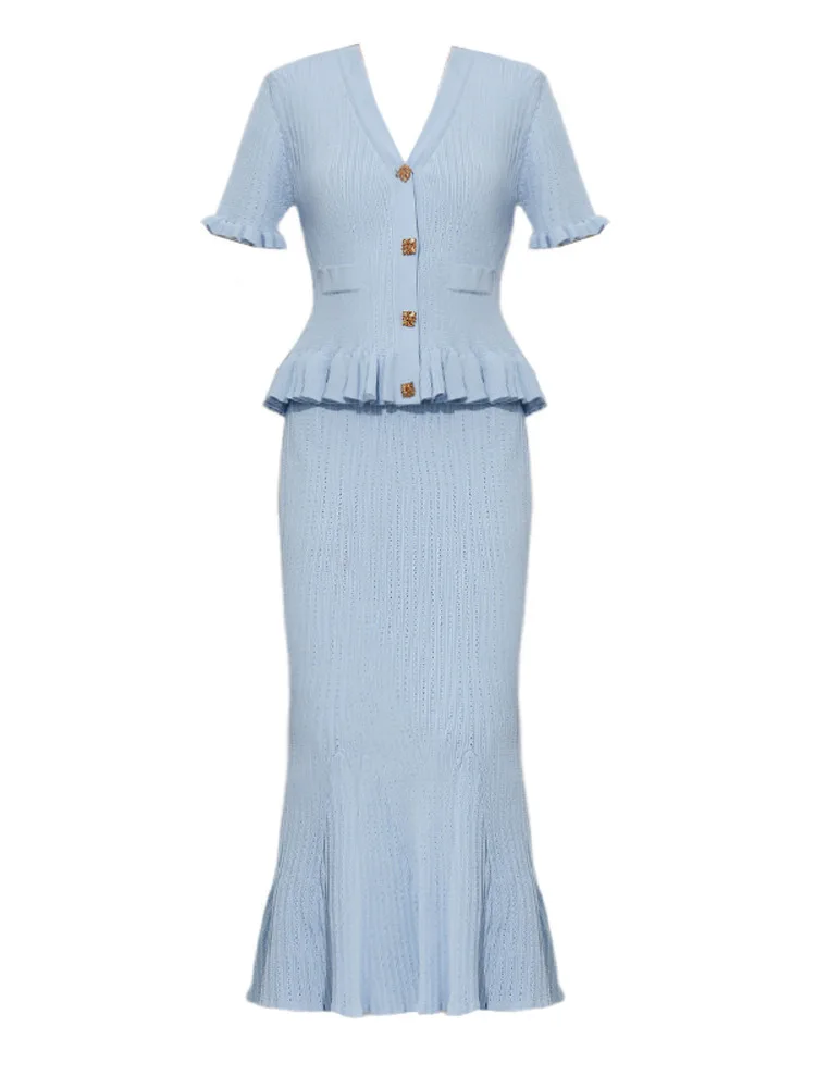 High Quality Summer Slim V-Neck Knit Two Piece Set Women Short Sleeve Top Bodycon Fishtail Long Skirts Suits Knitwear Outfits
High Quality Summer Slim V-Neck Knit Two Piece Set Women Short Sleeve Top Bodycon Fishtail Long Skirts Suits Knitwear Outfits