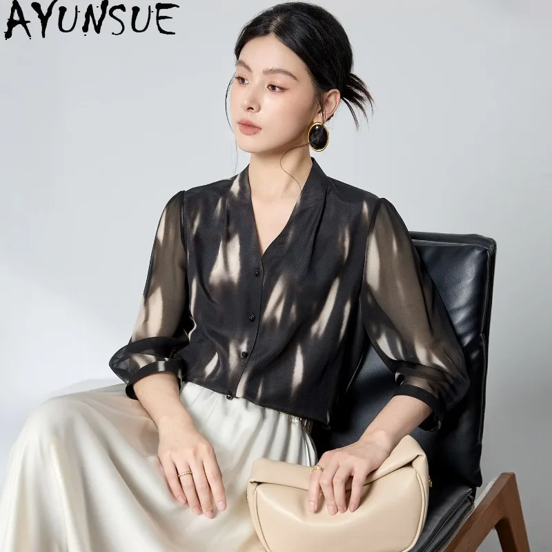 AYUNSUE 100% Silk Women's Blouses and Shirts Chinese Style V-neck Tops for Woman Fashion Tie-dye Blouse Woman Clothes Ropa Mujer
AYUNSUE 100% Silk Women's Blouses and Shirts Chinese Style V-neck Tops for Woman Fashion Tie-dye Blouse Woman Clothes Ropa Mujer