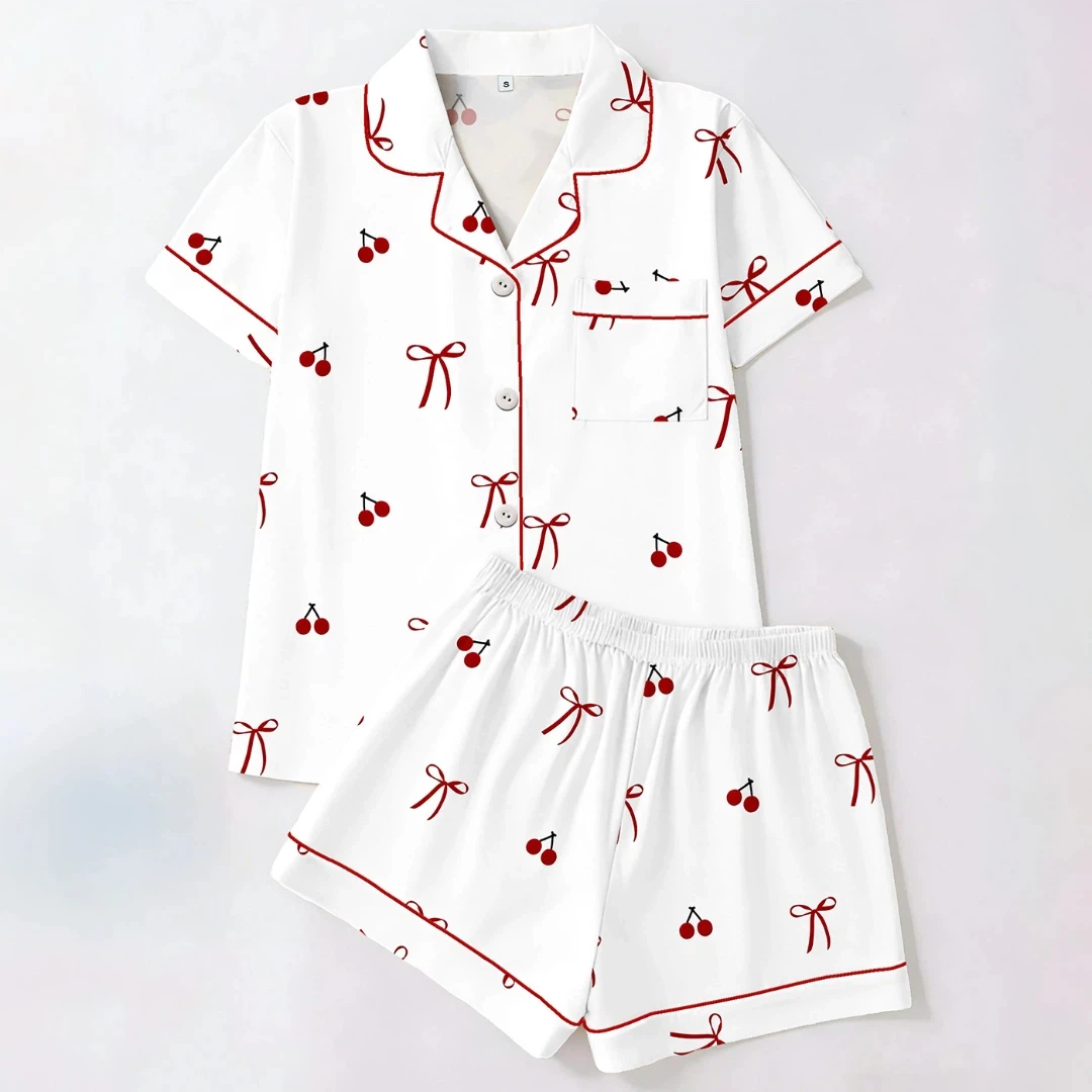 Cherry Print Pajamas White Lapel Short Sleeve Short Pants Loungewear Home Wear Set Sleepwear Clothes for Women
Cherry Print Pajamas White Lapel Short Sleeve Short Pants Loungewear Home Wear Set Sleepwear Clothes for Women
