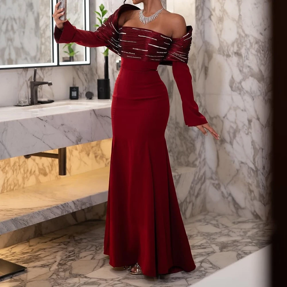 Вечерние платья трапециевидной формы по индивидуальному заказу, длиной до пола, с открытыми плечами и длинными рукавами, платье для выпускного вечера, модное простое драпированное вечернее платье с кристаллами
Вечерние платья трапециевидной формы по индивидуальному заказу, длиной до пола, с открытыми плечами и длинными рукавами, платье для выпускного вечера, модное простое драпированное вечернее платье с кристаллами