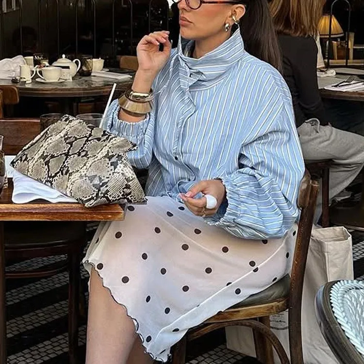 Women Blouse Long Sleeve Striped Shirt Mandarin Collar Digital Print Button Down Shirt Light Blue White Striped Casual Blouse
Women Blouse Long Sleeve Striped Shirt Mandarin Collar Digital Print Button Down Shirt Light Blue White Striped Casual Blouse