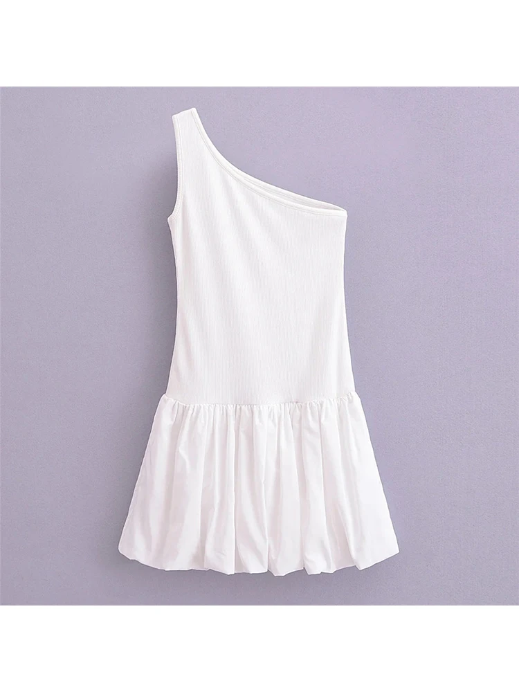 Women's Diagonal Collar One Shoulder White Elastic Dress, Chic Lady's Casual Knitted Patchwork, Pleated Mini Dresses, Summer
Women's Diagonal Collar One Shoulder White Elastic Dress, Chic Lady's Casual Knitted Patchwork, Pleated Mini Dresses, Summer