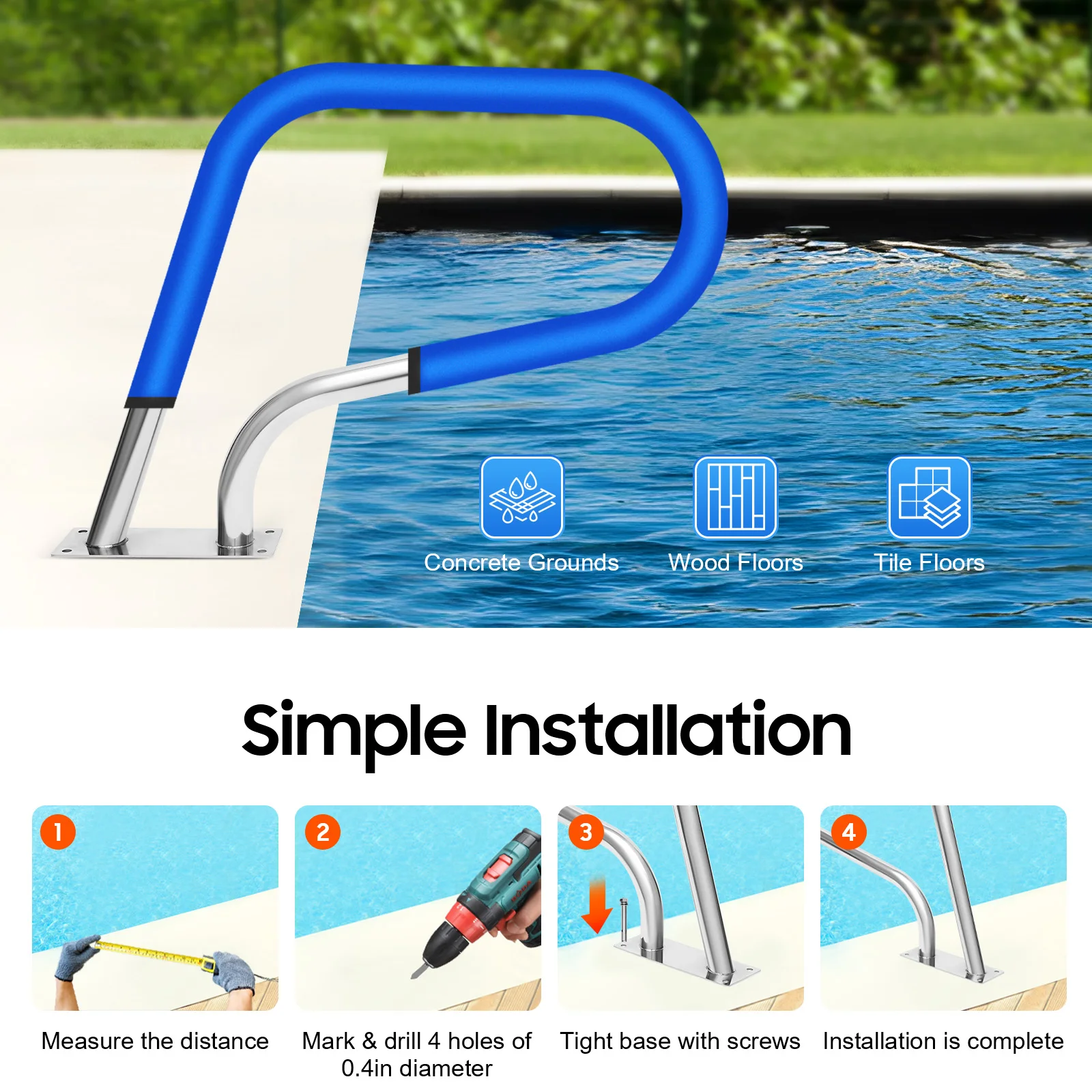 Overhanging Design Removable Pool Railing, U-Shaped Humanized Swimming Pool Handrail with Blue Grip Cover
Overhanging Design Removable Pool Railing, U-Shaped Humanized Swimming Pool Handrail with Blue Grip Cover