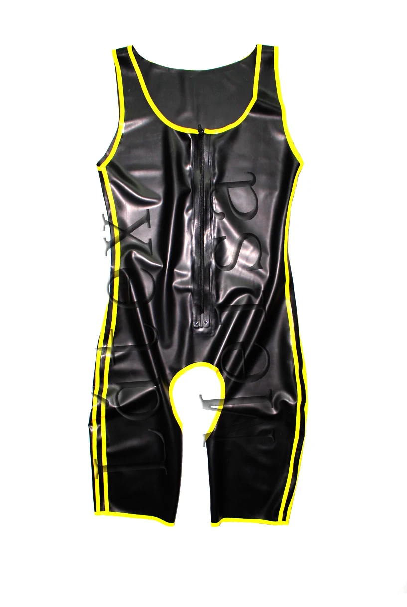 Novelty latex bodysuit attached front zip and decorative with yellow stripes and open crotch for men
Novelty latex bodysuit attached front zip and decorative with yellow stripes and open crotch for men