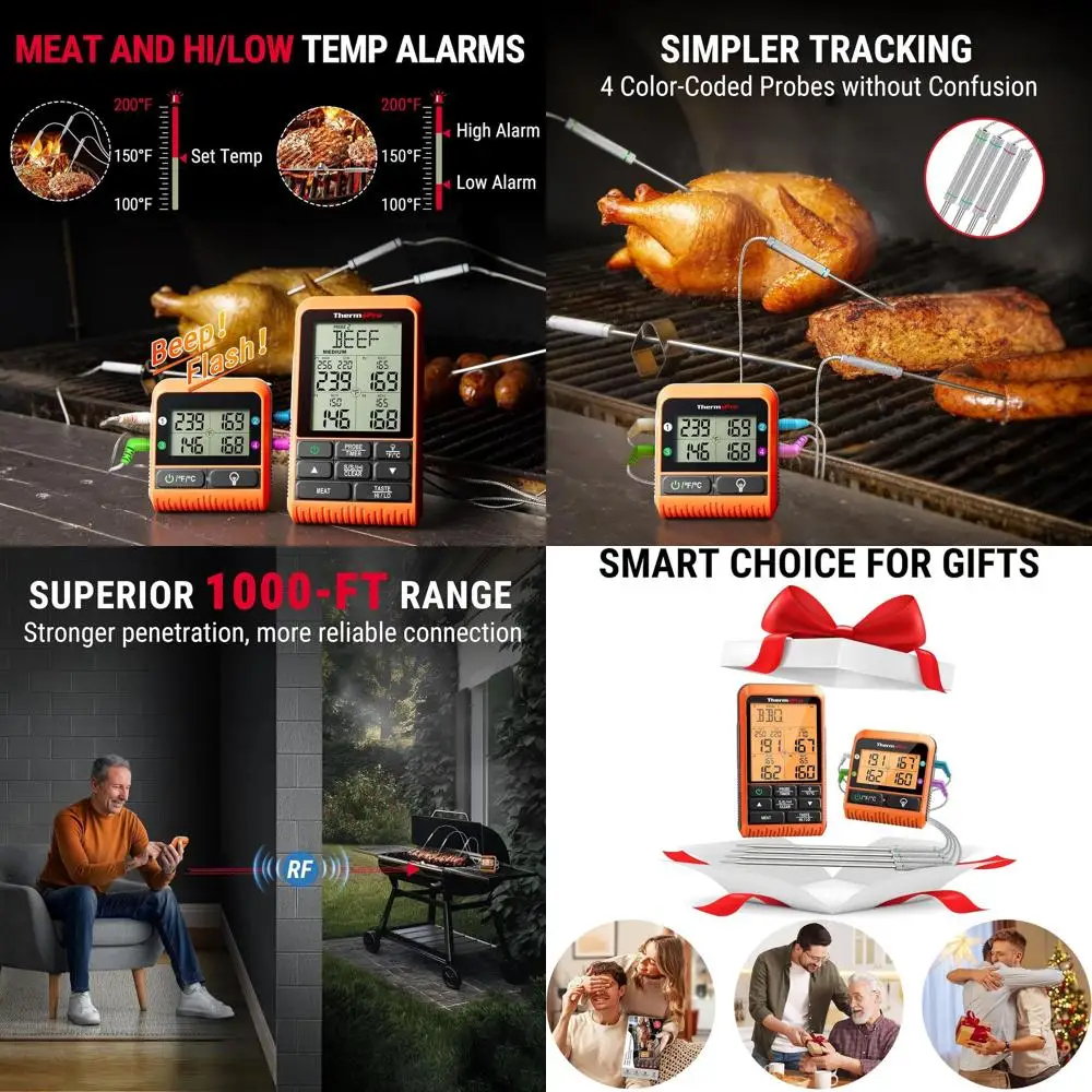 Беспроводной цифровой термометр для мяса для барбекю с 4 зондами для гриля, курения и приготовления индейки
Беспроводной цифровой термометр для мяса для барбекю с 4 зондами для гриля, курения и приготовления индейки