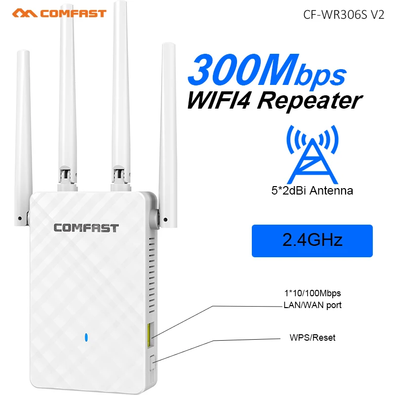 Comfast 300Mbps Wireless Repeater Booster 2.4G Wi-Fi Signal Amplifier WiFi Extender Router Network Wlan Wifi Repetidor 4 Antenna 
Comfast 300Mbps Wireless Repeater Booster 2.4G Wi-Fi Signal Amplifier WiFi Extender Router Network Wlan Wifi Repetidor 4 Antenna