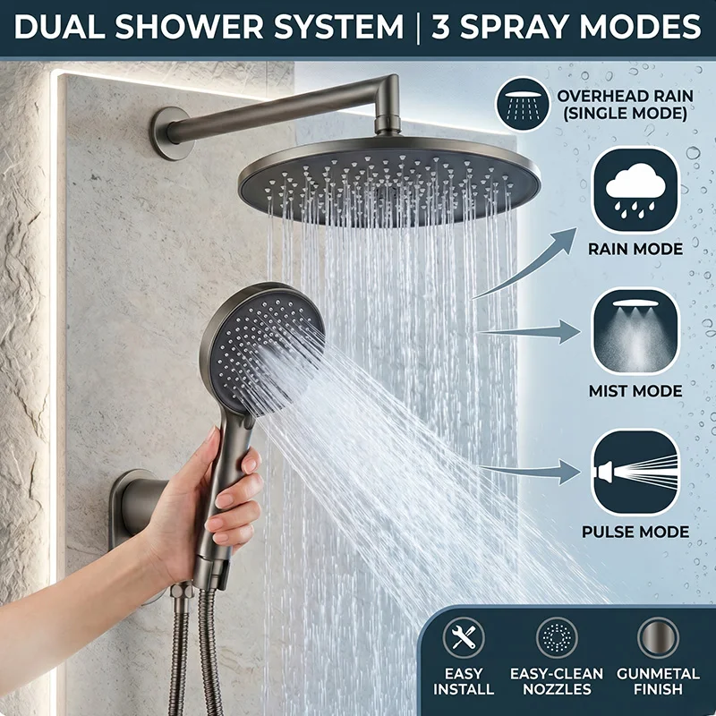 Gunmetal Grey Shower Head Set High Pressure Rainfall Top Spray 3-Mode Adjustable Handheld Showerhead System for Bathroom Luxury
Gunmetal Grey Shower Head Set High Pressure Rainfall Top Spray 3-Mode Adjustable Handheld Showerhead System for Bathroom Luxury