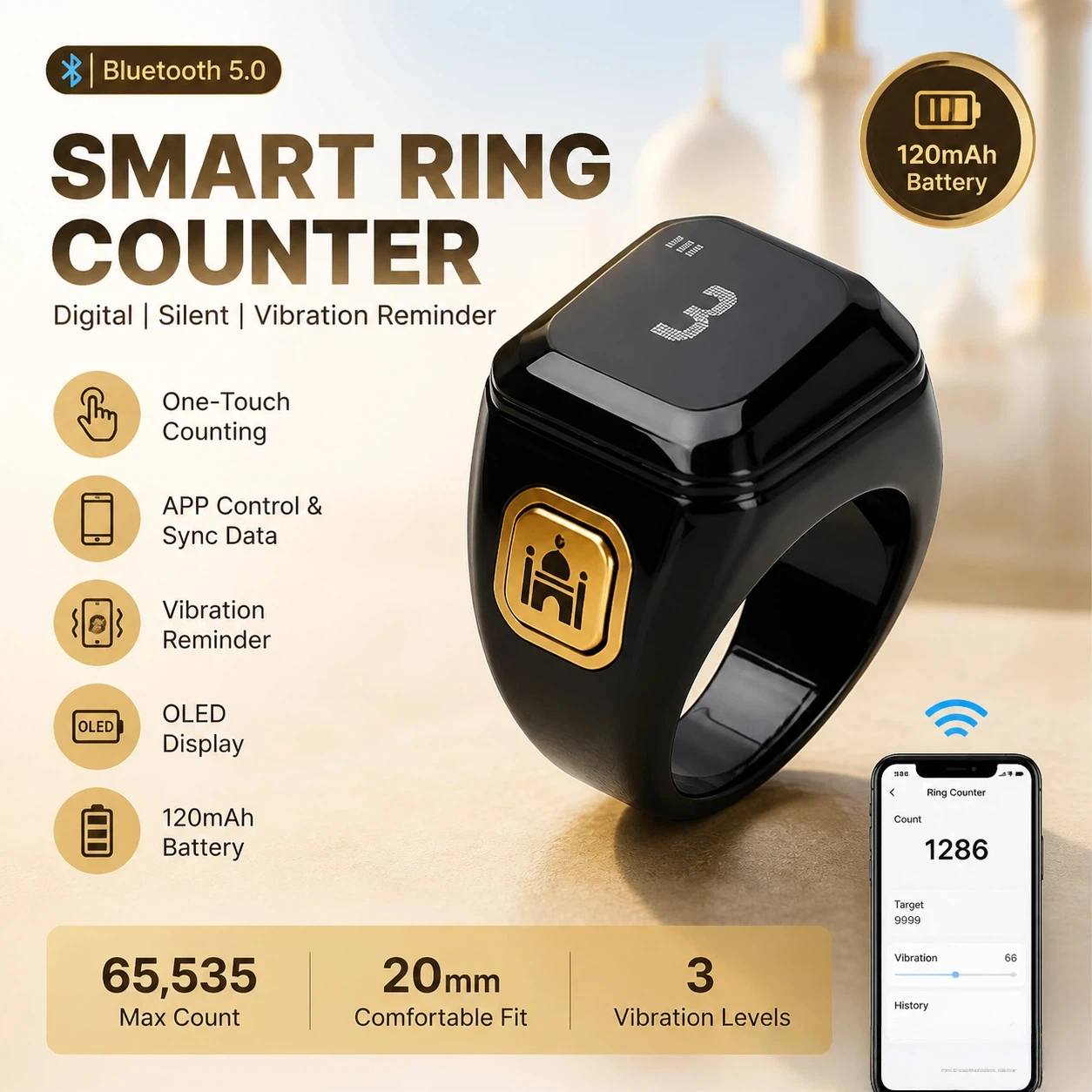 BT App-Controlled Ring Counter Digital OLED Silent Touch Counter with Charging 120mAh Battery for Prayer Counting Time Reminder
BT App-Controlled Ring Counter Digital OLED Silent Touch Counter with Charging 120mAh Battery for Prayer Counting Time Reminder