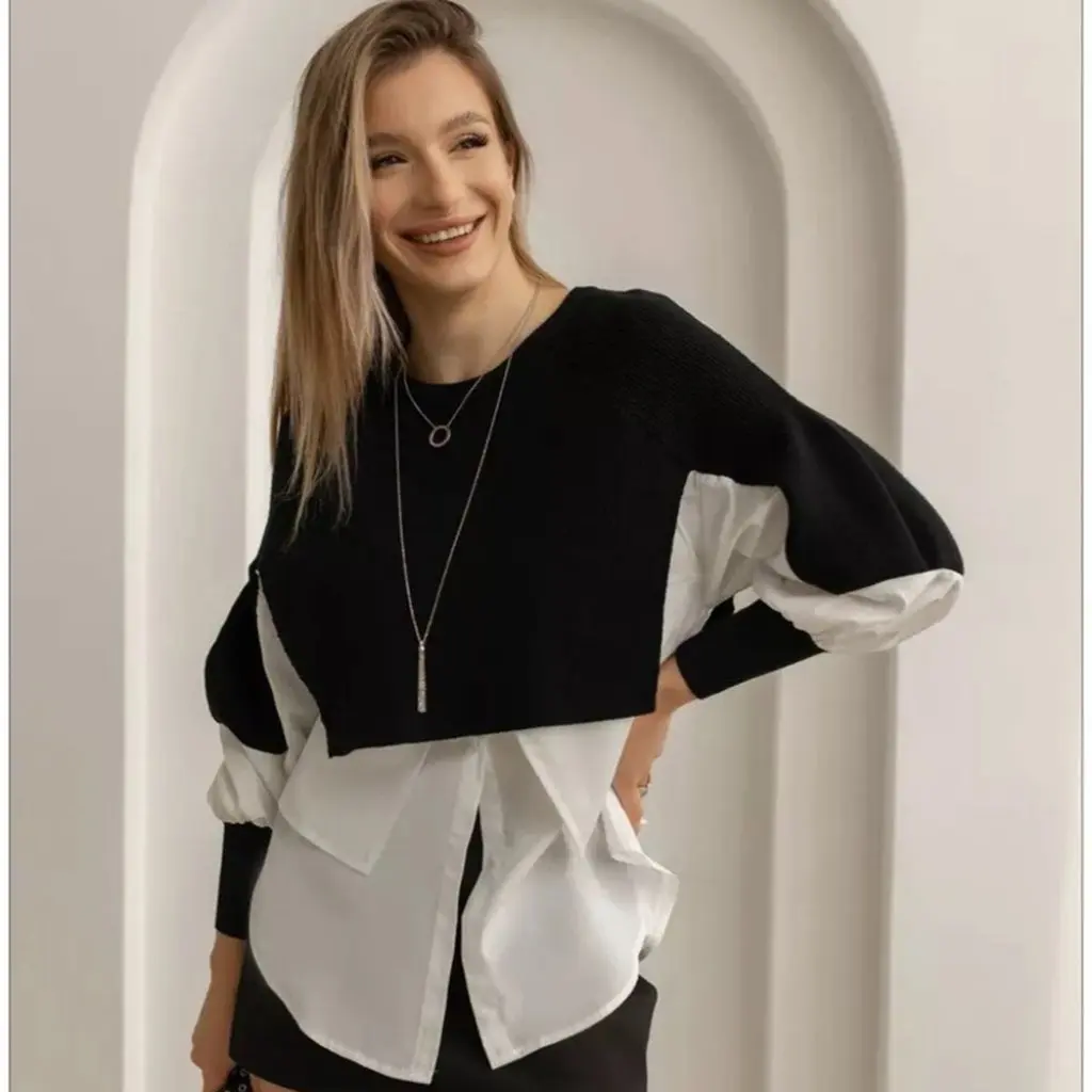 Women's Patchwork Knitted Sweater European Style Autumn Top Fake Two-Piece Western Look Casual Fashionable
Women's Patchwork Knitted Sweater European Style Autumn Top Fake Two-Piece Western Look Casual Fashionable