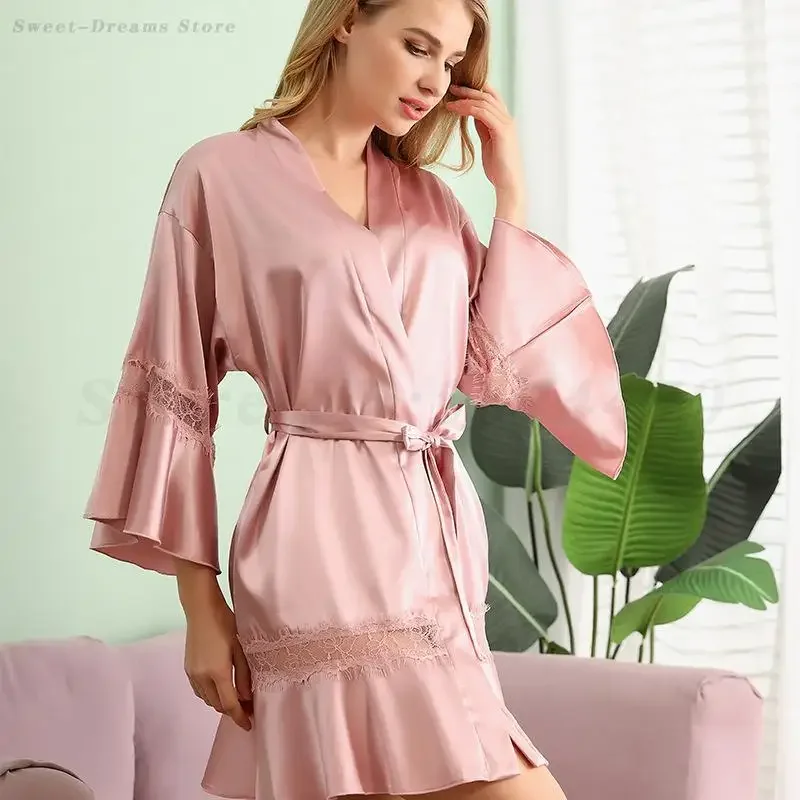 Pink Long Sleeve Kimono Bathrobe Gwon Female Bride Robe Summer Satin Sleepwear Sexy Lace Nightgown Loose Homewear Negligee
Pink Long Sleeve Kimono Bathrobe Gwon Female Bride Robe Summer Satin Sleepwear Sexy Lace Nightgown Loose Homewear Negligee