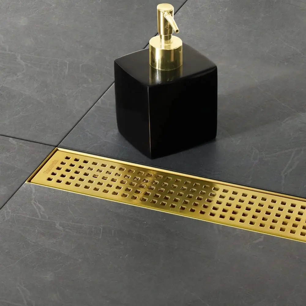 24-In Brushed Brass Linear Shower Drain,Removable Quadrato Pattern Grate,Stainless Steel Rectangle Floor Drain and Hair Strainer
24-In Brushed Brass Linear Shower Drain,Removable Quadrato Pattern Grate,Stainless Steel Rectangle Floor Drain and Hair Strainer