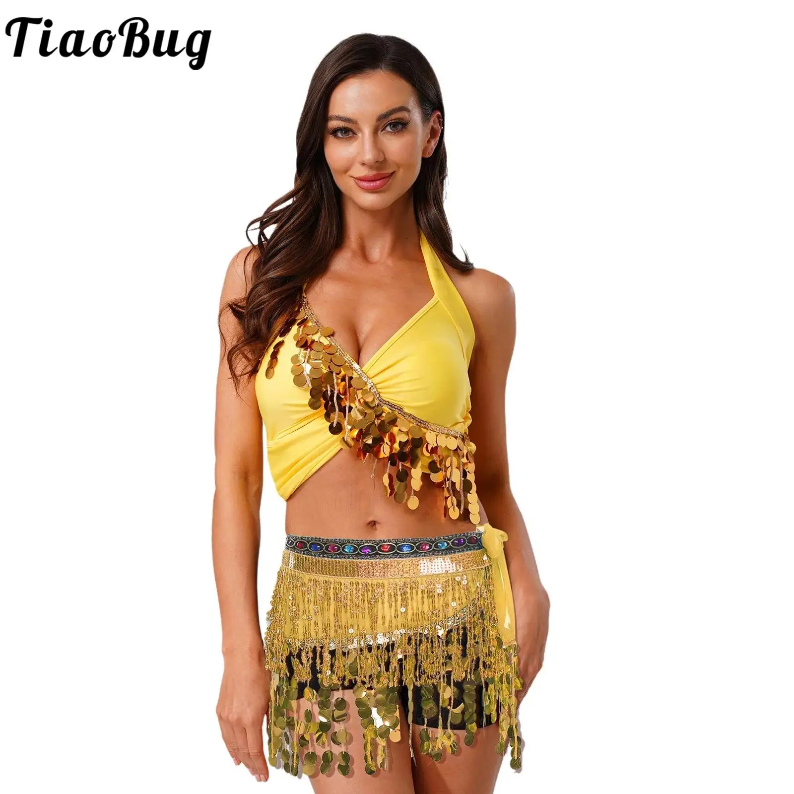 Women Glittery Sequin Tassel Belly Dance Outfit V Neck Chest Pad Crop Tops and Lace-up Hip Scarf for Latin India Dance
Women Glittery Sequin Tassel Belly Dance Outfit V Neck Chest Pad Crop Tops and Lace-up Hip Scarf for Latin India Dance