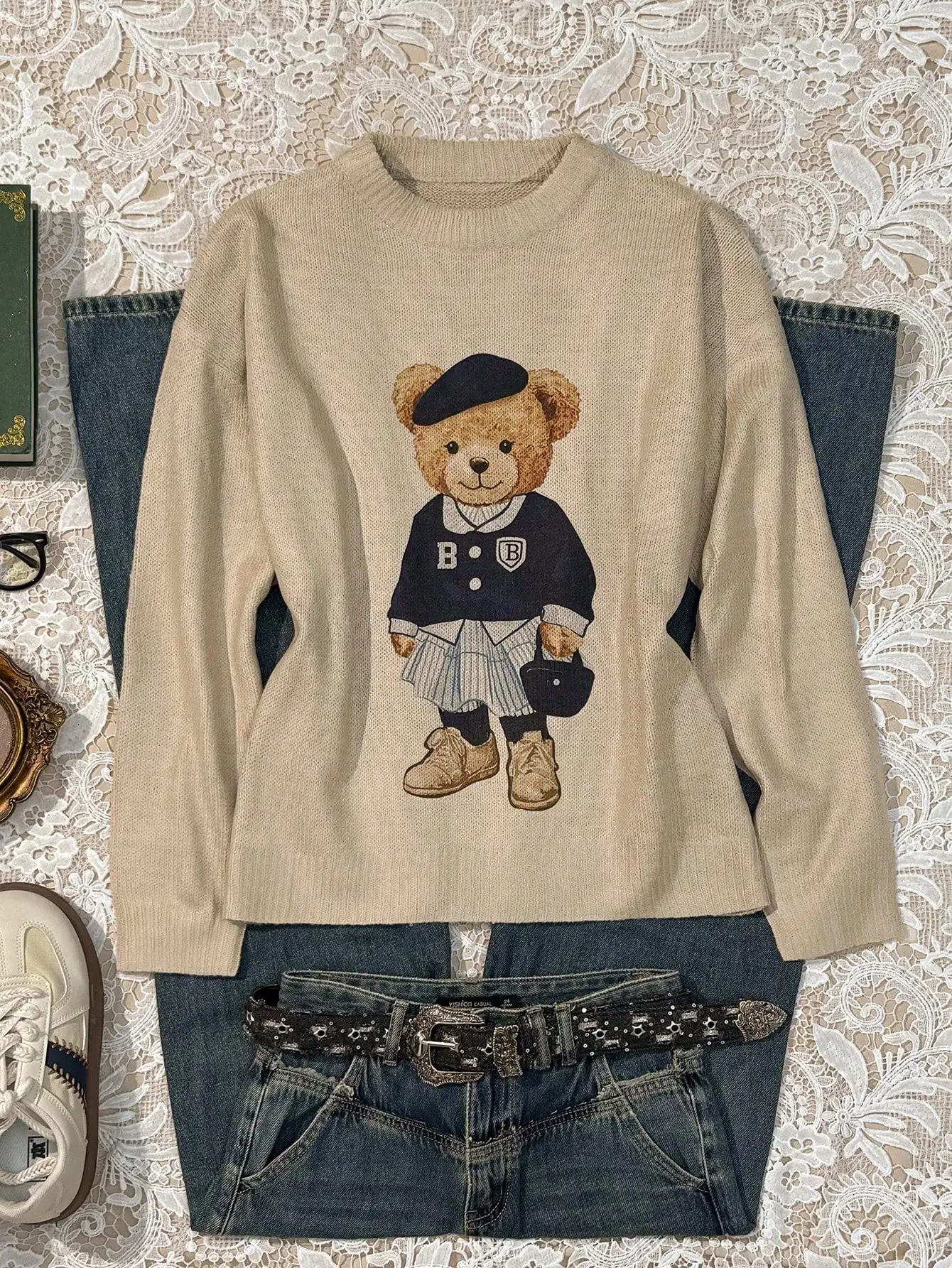 Women's Khaki Bear Print Pullover Sweater, Cute Cartoon Design for Fall & Winter, Casual Long Sleeve Crew Neck
Women's Khaki Bear Print Pullover Sweater, Cute Cartoon Design for Fall & Winter, Casual Long Sleeve Crew Neck