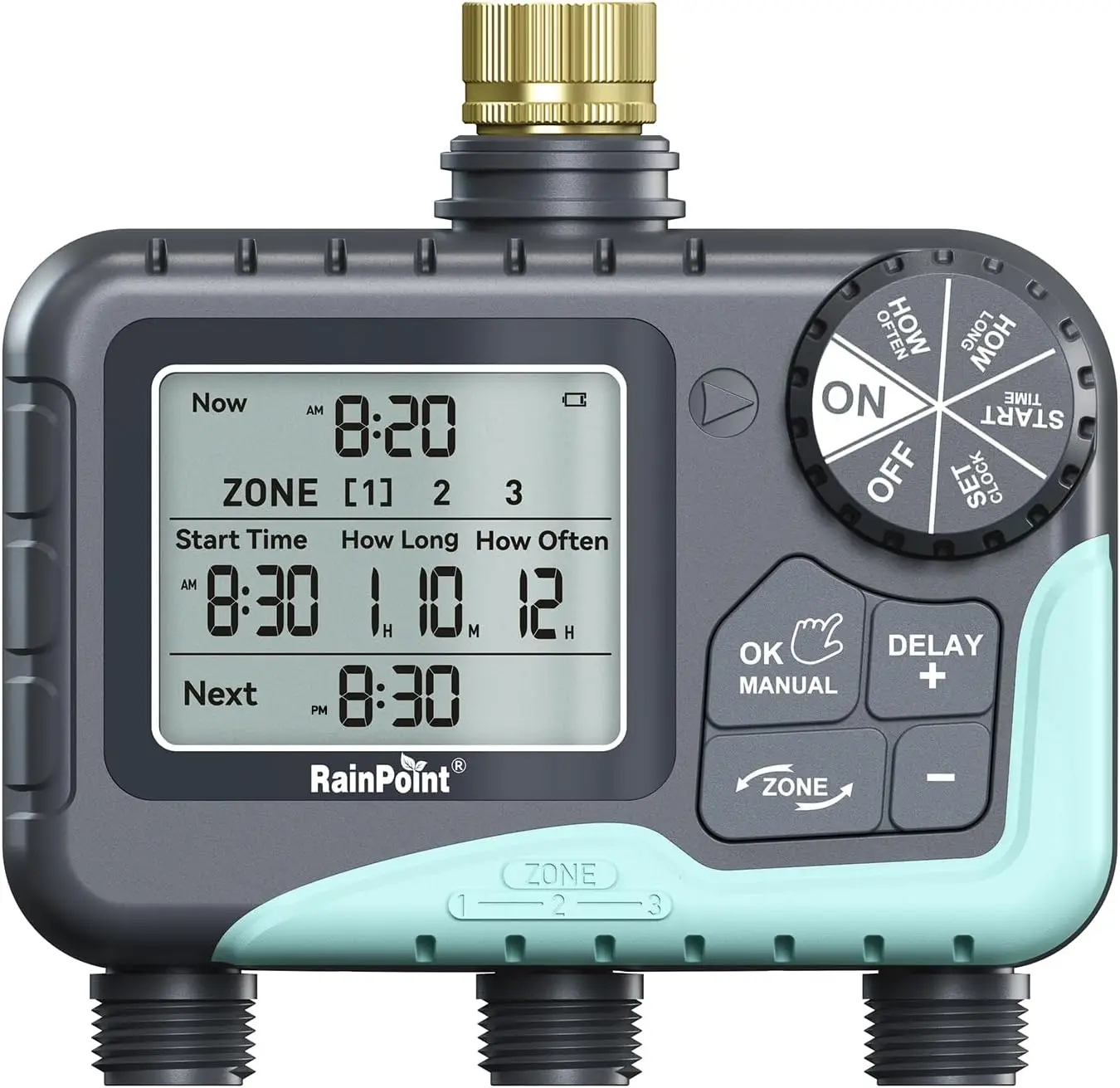 3-Zone Sprinkler Timer with Brass Inlet, IP65 Waterproof, Large LCD Display for Garden Hose Automation
3-Zone Sprinkler Timer with Brass Inlet, IP65 Waterproof, Large LCD Display for Garden Hose Automation